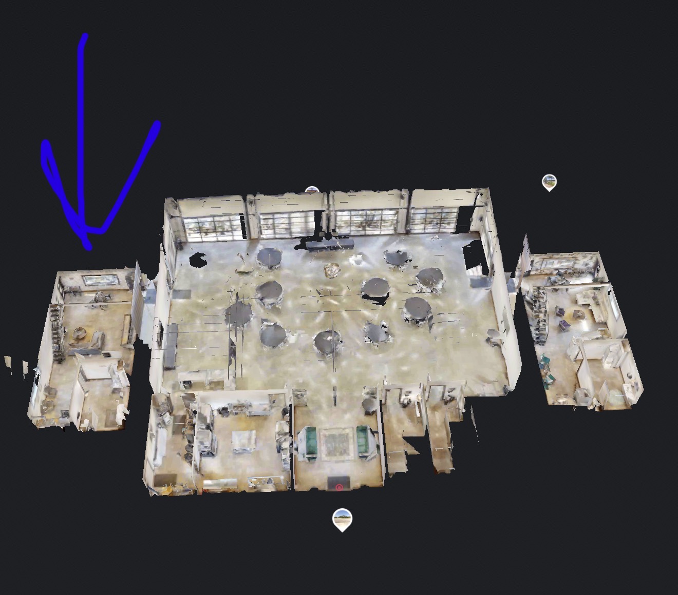 Venue floor plan with an arrow pointing to the groom's suite